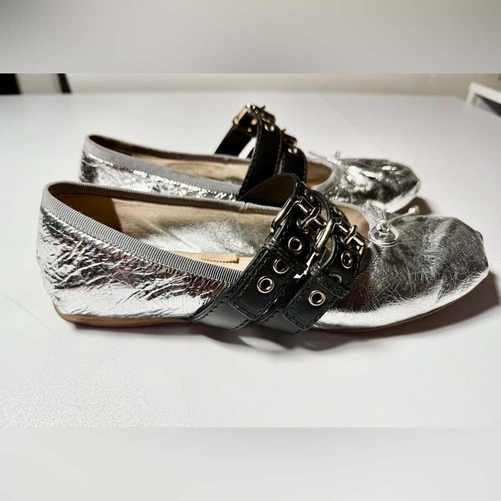 Miu Miu Silver with Black Double Leather Straps Ballerina with Ribbons Size 40